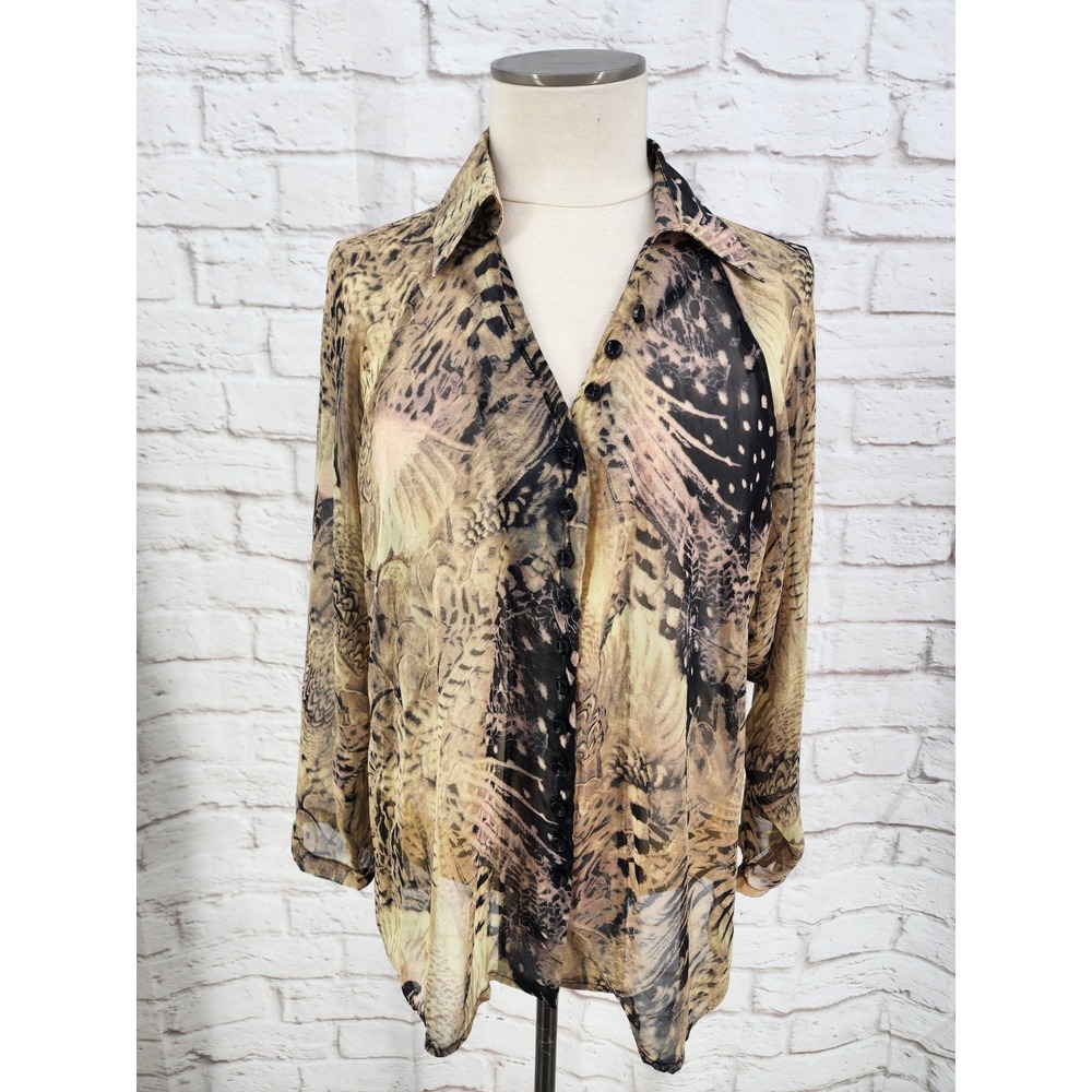 Sheer Animal Print Button Up Top Women Medium Artsy Indie Sleaze Work Chiffon